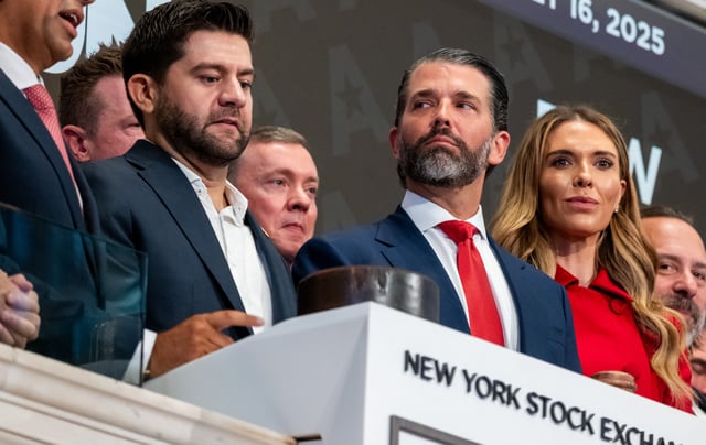 Donald Trump Jr. rings the opening bell on the New York Stock Exchange (NYSE) for the Texas-based firearm e-commerce platform GrabAGun where Trump is a member of the board on July 16, 2025 in New York City.