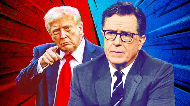 A photo illustration of President Donald Trump and Stephen Colbert on red and blue background.