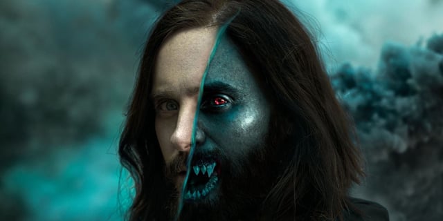 Jared Leto with half a normal face and half a monstrous one in a poster for Morbius. 