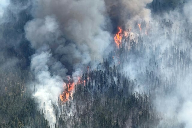 Photo diffusée par le ministère des Richesses naturelles de l'Ontario, le 16 juin 2025, d'un feu actif près de Kennedy Lake, dans le nord de l'Ontario, le 14 juin 2025 au Canada