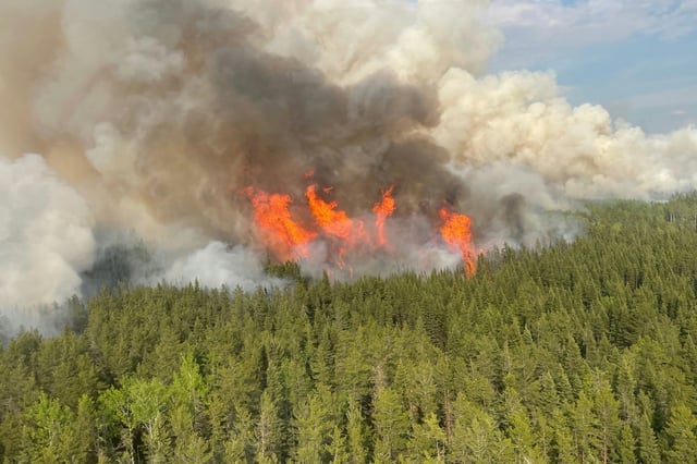 Photo diffusée par le ministère des Richesses naturelles de l'Ontario, le 16 juin 2025, d'un feu actif dans le nord de l'Ontario, le 15 juin 2025 au Canada