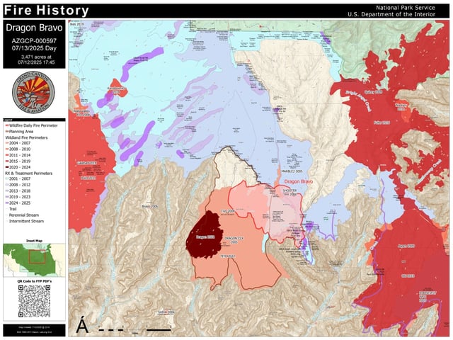 The Dragon Bravo Fire, ignited by lightning, has consumed over 11,000 acres in Grand Canyon National Park.