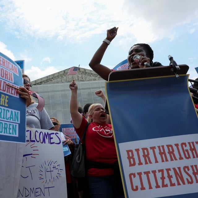 People protest on the day Supreme Court justices hear oral arguments over U.S. President Donald Trump's bid to broadly enforce his executive order to restrict automatic birthright citizenship, outside the U.S. Supreme Court in Washington, D.C., U.S., May 15, 2025. REUTERS/Leah Millis
