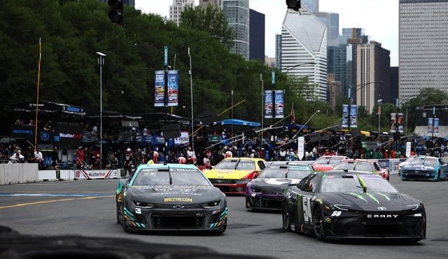 CHICAGO, ILLINOIS – JULY 06: Ty Gibbs, driver of the #54 Monster Energy Toyota, and Austin Dillon, driver of the #3 Breztri Chevrolet, race during the NASCAR Cup Series Grant Park 165 at Chicago Street Course on July 06, 2025 in Chicago, Illinois. (Photo by James Gilbert/Getty Images)