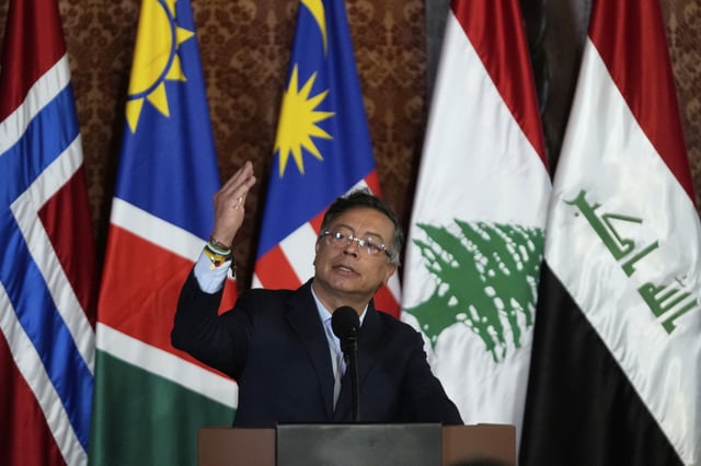Colombia's President Gustavo Petro delivers a speech during a two-day conference on the Israel-Hamas war and Israel's military actions in Gaza, in Bogota, Colombia, Wednesday, July 16, 2025. (AP Photo/Fernando Vergara)