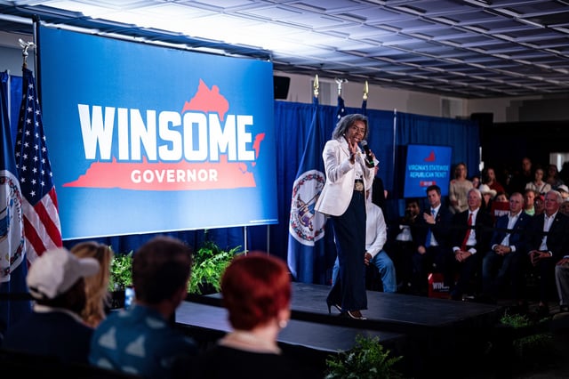Winsome Earle-Sears, Republican gubernatorial candidate for Virginia, speaks during a campaign event at the Vienna Volunteer Fire Department in Vienna, Virginia, on July 1, 2025. 