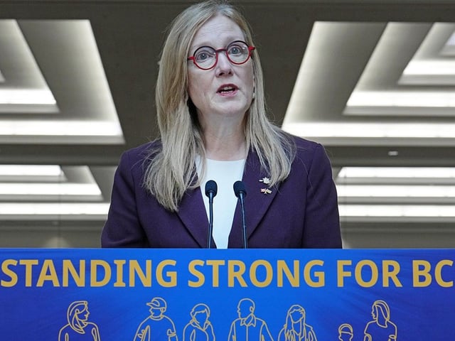 Brenda Bailey, Minister of Finance, gives a pre-budget media availability that took place after a private meeting with members of B.C.'s Trade and Economic Security Task Force, at the Victoria Conference Centre in VICTORIA, B.C. March  3, 2025.