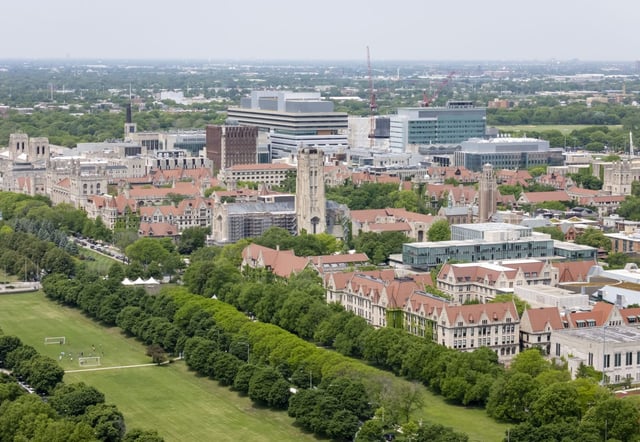 An aerial view shows the University of Chicago campus and the Midway Plaisance on June 2, 2025. (Brian Cassella/Chicago Tribune)