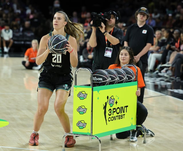 Sabrina Ionescu #20 of the New York Liberty competes in the final round of the WNBA 3-Point Contest during WNBA All-Star Friday ahead of the 2023 WNBA All-Star Game at Michelob ULTRA Arena on July 14, 2023 in Las Vegas, Nevada.