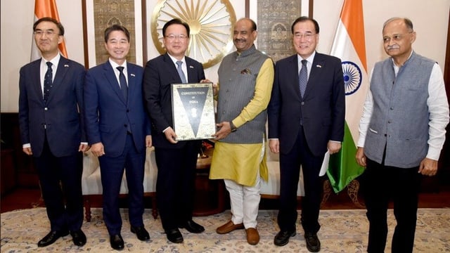 Lok Sabha Speaker Om Birla met with the parliamentary delegation of special envoys from the South Korea at the Parliament House in in New Delhi on Friday, July 18, 2025. (PTI Photo)