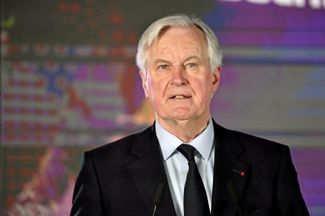Michel Barnier lors du lancement du COJOP Alpes françaises 2030 au Groupama stadium à Lyon, le 18 février 2025.

