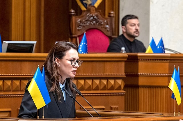 Newly appointed Prime Minister Yulia Svyrydenko speaks to the Ukrainian parliament July 17 as President Volodymyr Zelenskyy looks on.