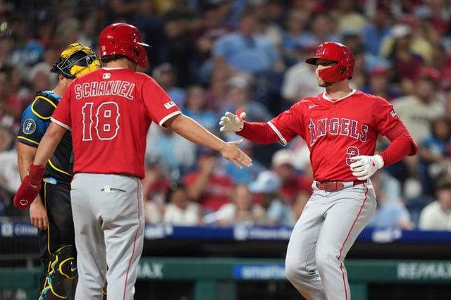 The Angels’ Taylor Ward, right, and Nolan Schanuel celebrate after Ward’s tie-breaking two-run home run during the seventh inning of their game against the Phillies on Friday night in Philadelphia. (AP Photo/Matt Slocum)