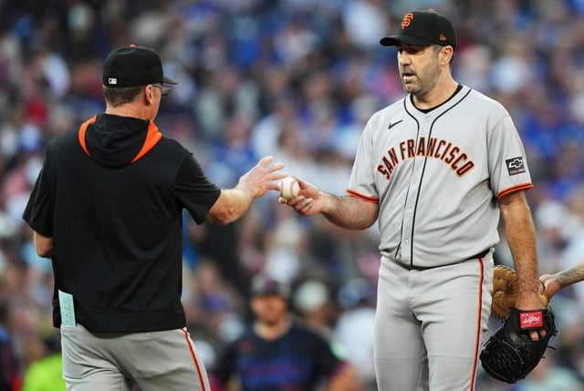 San Francisco Giants pitcher Justin Verlander (35) is taken out of the game by manager Bob Melvin against the Toronto Blue Jays during third inning MLB baseball action in Toronto on Friday, July 18, 2025. (Nathan Denette/The Canadian Press via AP)