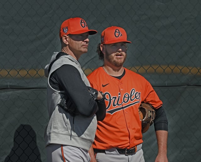 Former Orioles pitcher Ben McDonald, left, talks with current pitcher Cole Irvin during 2024 Spring Training at Ed Smith Stadium in Sarasota, Fl. (Kenneth K. Lam/Staff)