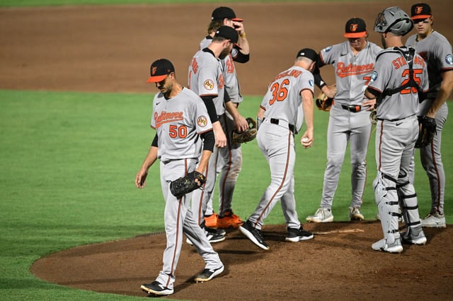 Baltimore Orioles starting pitcher Charlie Morton (50) leaves the mound after getting pulled by interim manager Tony Mansolino (36) during the sixth inning of a baseball game against the Tampa Bay Rays, Friday, July 18, 2025, in Tampa, Fla. (AP Photo/Phelan M. Ebenhack)
