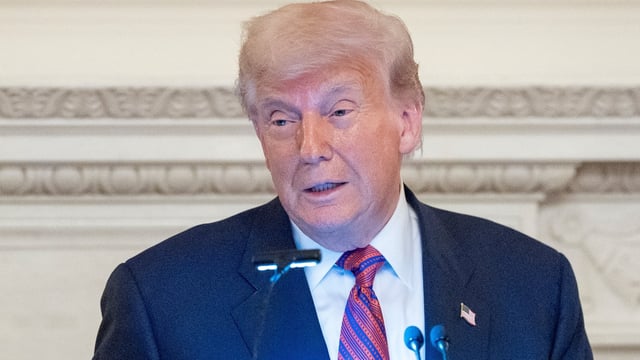 President Donald Trump speaks during a dinner for Republican senators in the State Dining Room of the White House, Friday, July 18, 2025, in Washington. 
