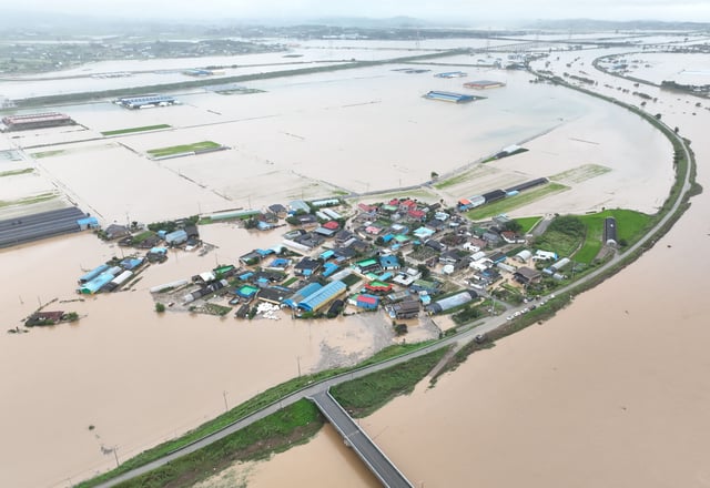 An aerial view of flooding caused by torrential rain in Yesan, South Korea, July 17, 2025. Yonhap via REUTERS/File Photo