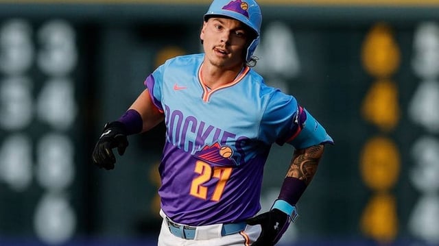 Jul 18, 2025; Denver, Colorado, USA; Colorado Rockies left fielder Jordan Beck (27) rounds the bases on a solo home run in the second inning against the Minnesota Twins at Coors Field. Mandatory Credit: Isaiah J. Downing-Imagn Images