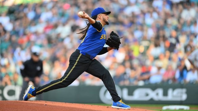 Jul 18, 2025; Seattle, Washington, USA; Seattle Mariners starting pitcher Luis Castillo (58) pitches to the Houston Astros during the first inning at T-Mobile Park. Mandatory Credit: Steven Bisig-Imagn Images
