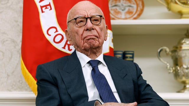 WASHINGTON, DC - FEBRUARY 03: Former Executive Chairman of Fox Corp Rupert Murdoch listens as U.S. President Donald Trump speaks to reporters in the Oval Office of the White House on February 03, 2025 in Washington, DC. After signing a series of executive orders and proclamations, Trump spoke to reporters about a range of topics including recent negotiations with Mexico on tarriffs. (Photo by Anna Moneymaker/Getty Images)