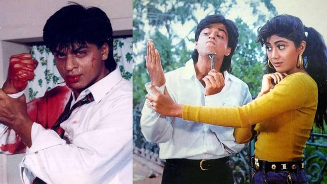 Shah Rukh Khan with his co-star Shilpa Shetty in a still from Baazigar.