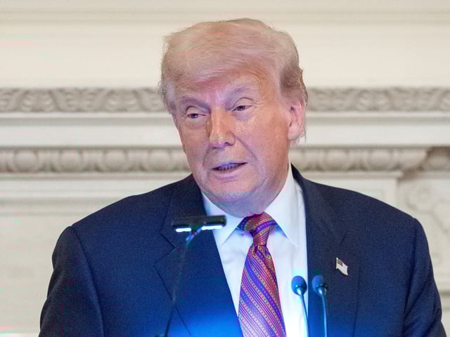President Donald Trump speaks during a dinner for Republican senators in the State Dining Room of the White House, Friday, July 18, 2025, in Washington. (AP Photo/Alex Brandon)