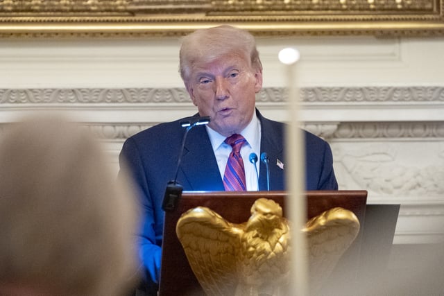 President Donald Trump speaks during a dinner for Republican senators in the State Dining Room of the White House, Friday, July 18, 2025, in Washington.