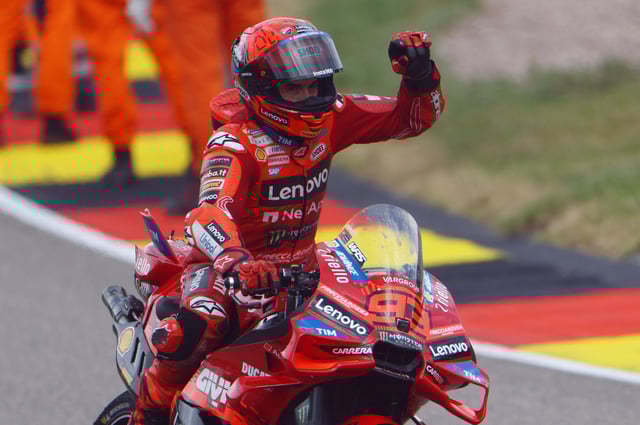 MotoGP - German Grand Prix - Sachsenring, Hohenstein-Ernstthal, Germany - July 13, 2025 Ducati Lenovo Team's Marc Marquez celebrates winning the German Grand Prix REUTERS/Lisi Niesner/File Photo
