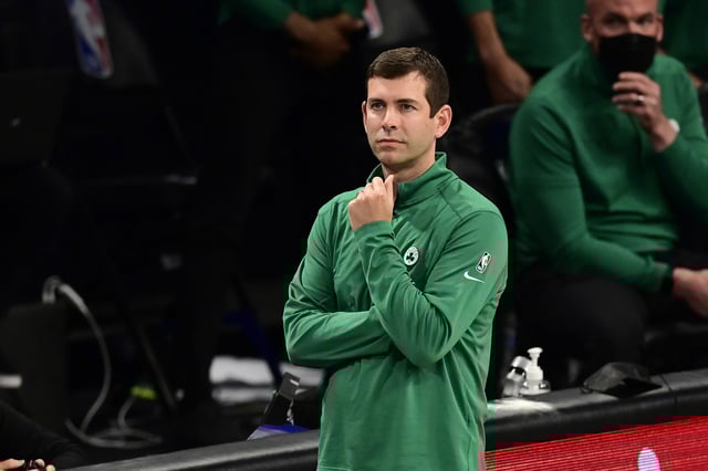 Head coach Brad Stevens of the Boston Celtics looks on against the Brooklyn Nets in Game One of the First Round of the 2021 NBA Playoffs at Barclays Center at Barclays Center on May 22, 2021 in New York City.
