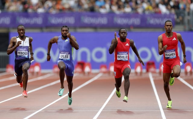 Athletics - Diamond League - London - London Stadium, London, Britain - July 19, 2025 Botswana's Letsile Tebogo, Lyles Noah of the U.S., Jamaica's Oblique Seville and Britain's Zharnel Hughes in action during the Men's 100m final Action Images via Reuters/Peter Cziborra
