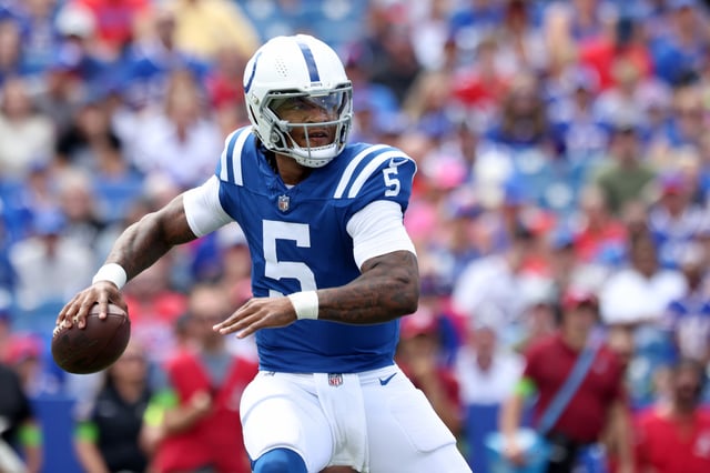 Anthony Richardson #5 of the Indianapolis Colts looks to pass the ball during the first quarter of a preseason game against the Buffalo Bills at Highmark Stadium on August 12, 2023 in Orchard Park, New York.
