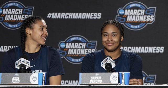 From left, UConn guard Azzi Fudd, forward Sarah Strong and guard Paige Bueckers attend a news conference before the Sweet 16 of the NCAA college basketball tournament Friday, March 28, 2025, in Spokane, Wash. (AP Photo/Jenny Kane)