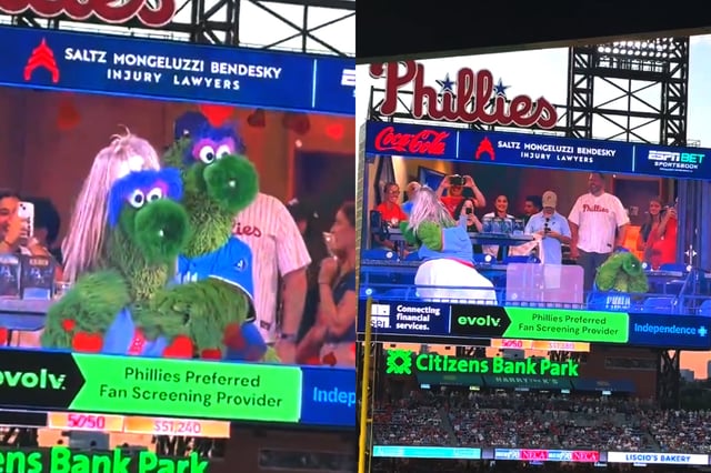 La popular mascota de la MLB, el Phillie Phantastic, parodió a los infieles del concierto de Coldplay durante el juego del viernes. (Foto: Capturas de pantalla)