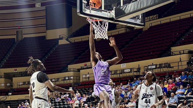 Former Kansas State forward Austin Trice drives to the basket during Purple Reign’s TBT Tournament first-round basketball game against The Shine on July 19, 2025 at Municipal Auditorium.