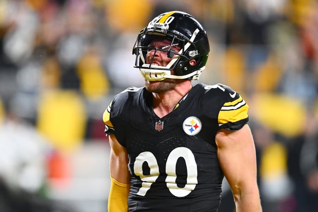 T.J. Watt #90 of the Pittsburgh Steelers celebrates after forcing a fumble during the second quarter of a game against the Cincinnati Bengals at Acrisure Stadium on December 23, 2023 in Pittsburgh, Pennsylvania.