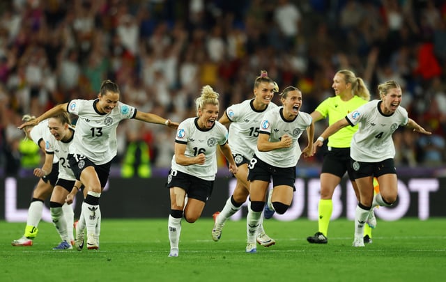 Soccer Football - UEFA Women's Euro 2025 - Quarter Final - France v Germany - St. Jakob-Park, Basel, Switzerland - July 19, 2025  Germany players celebrate after winning the penalty shootout REUTERS/Matthew Childs