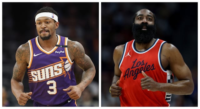 Veteran guard Bradley Beal, left, has signed a two-year deal with the Clippers, with credit going to star guard James Harden. (Photos by Getty Images)