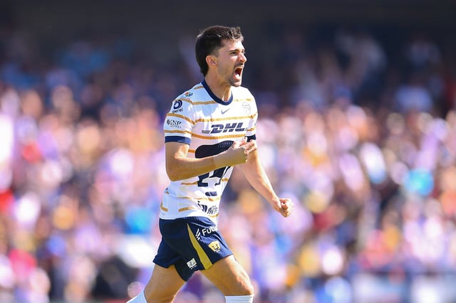 Ignacio Pussetto celebrates his goal 2-2 of Pumas during the Quarter final second leg match between Pumas UNAM and Monterrey as part of the Liga BBVA MX, Torneo Apertura 2024 at Olimpico Universitario Stadium on December 01, 2024 in Mexico City, Mexico.