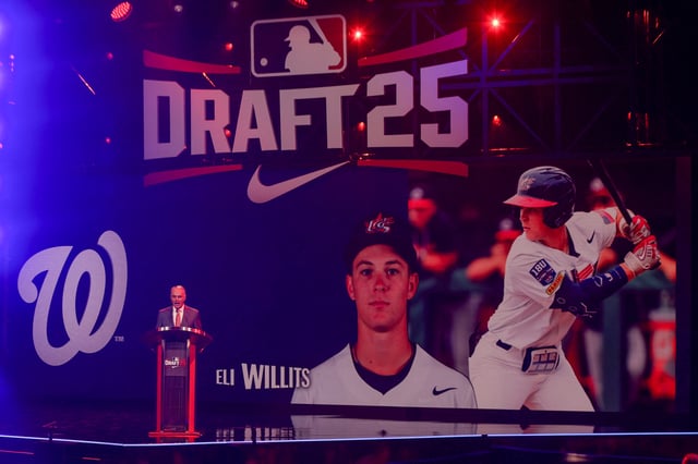 Jul 13, 2025; Atlanta, GA, USA; Eli Willits is drafted by the Washington Nationals with the first pick during the first round of the MLB Draft at The Coca-Cola Roxy. Mandatory Credit: Brett Davis-Imagn Images/File Photo