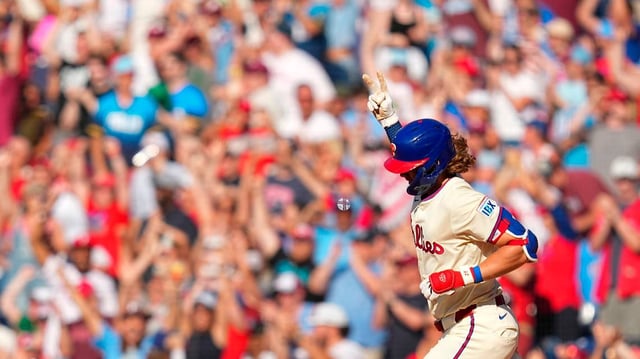 In this file photo, Alec Bohm of the Philadelphia Phillies reacts after hitting a two-run home run in the sixth inning against the Cincinnati Reds at Citizens Bank Park on Saturday, July 5, 2025, in Philadelphia. (Mitchell Leff/Getty Images/TNS)