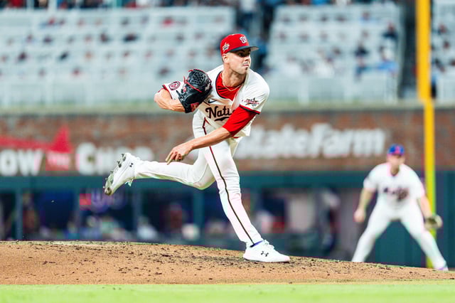ATLANTA, GA - JULY 15: MacKenzie Gore #1 of the Washington Nationals pitches during the MLB All-Star Game at Truist Park on July 15, 2025 in Atlanta, Georgia.