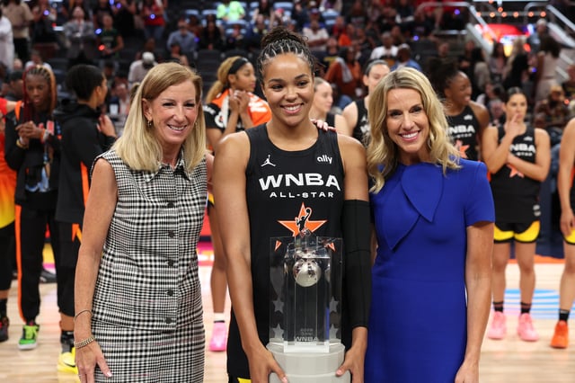 Jul 19, 2025; Indianapolis, IN, USA; Team Collier forward Napheesa Collier (24) celebrates with the trophy and commissioner Cathy Engelbert (left) after winning the 2025 WNBA All Star Game at Gainbridge Fieldhouse. Trevor Ruszkowski-Imagn Images