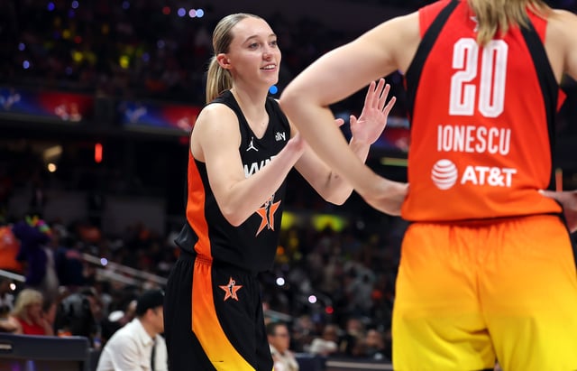 Paige Bueckers #5 of the Dallas Wings talks with Sabrina Ionescu #20 of the New York Liberty during the 2025 AT&amp;T WNBA All-Star Game at Gainbridge Fieldhouse on July 19, 2025 in Indianapolis, Indiana.
