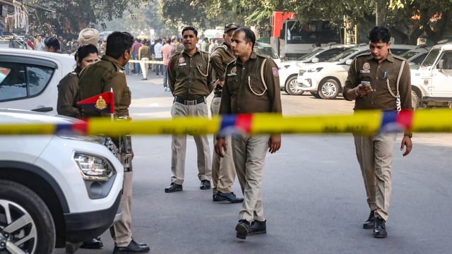 Police personnel at the site after a blast was reported near a PVR at Delhi's Prashant Vihar. 