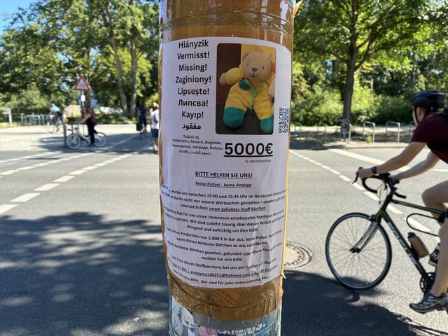 Mit tausenden Plakaten sucht der Eigentümer des Teddys nach seinem Talisman.