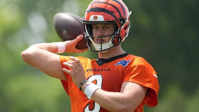 NFL: Cincinnati Bengals Minicamp. Jun 10, 2025; Cincinnati, OH, USA; Cincinnati Bengals quarterback Joe Burrow (9) during practice at Paycor Stadium. Mandatory Credit: Kareem Elgazzar-Imagn Images