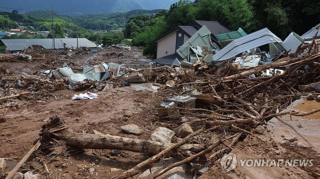 A village, devastated by a landslide caused by heavy rains, in the southern county of Sancheong is seen on July 20, 2025. (Yonhap)