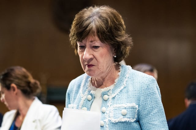 Sen. Susan Collins, R-Maine, prepares for the Senate Appropriations Committee markup of the "Commerce, Justice, Science, and Related Agencies Appropriations Act, 2026," and other bills on July 10, 2025. 