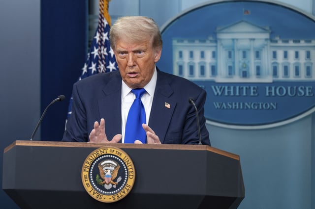 U.S. President Donald Trump speaks at a press briefing with U.S. Attorney General Pam Bondi and U.S. Deputy Attorney General Todd Blanche in the James S. Brady Press Briefing Room in the White House in Washington, DC on Friday, June 27, 2025 - President Trump addressed Iran, the &#34;Big, Beautiful Bill&#34; and tariffs.